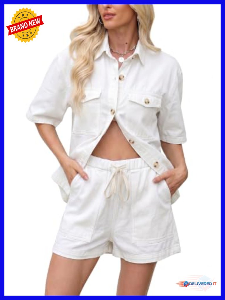 2 Piece Denim Short Set With Button Down Shirt